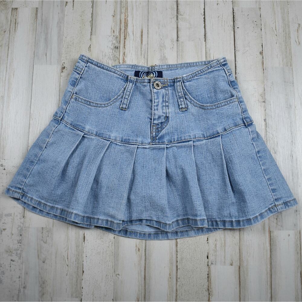 Y2K Vintage Denim Skort Girls 10 Angels Mini Jean Skirt Stretch Pleated Coquette